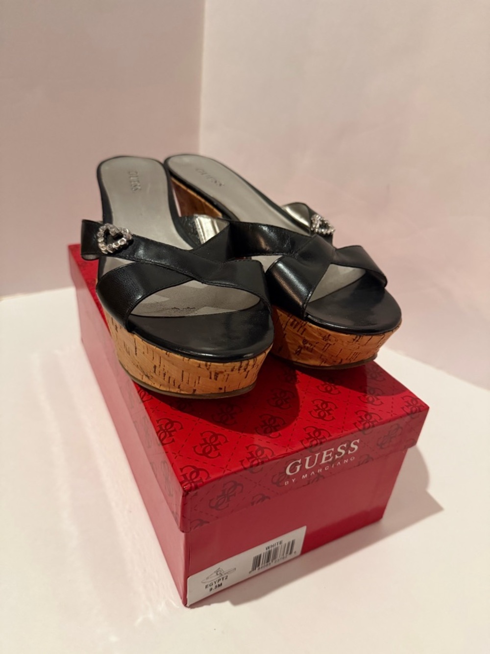 GUESS Black Leather Cork Wedge Slide Sandals with Crystal Heart Accent